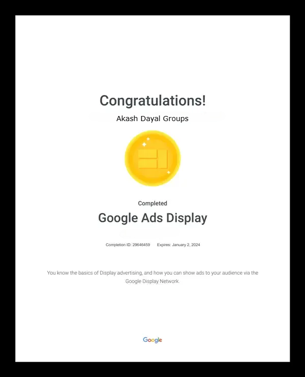 Google Ads Display Certificate of Digital Marketing King